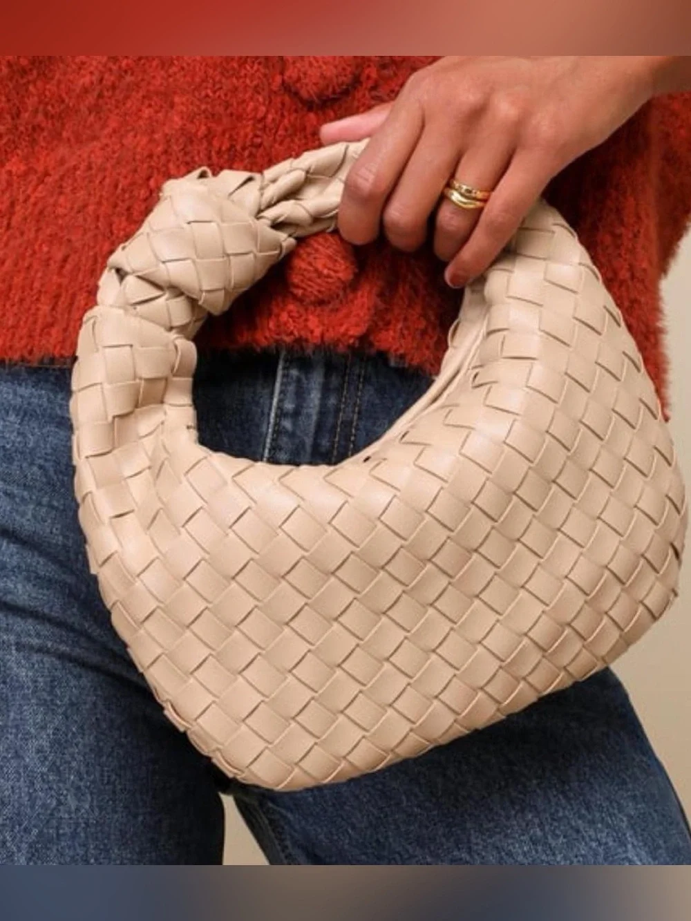 Woven Crescent Hobo Bag in Cream and gold hardware